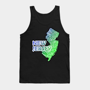 Colorful mandala art map of New Jersey with text in blue and green Tank Top